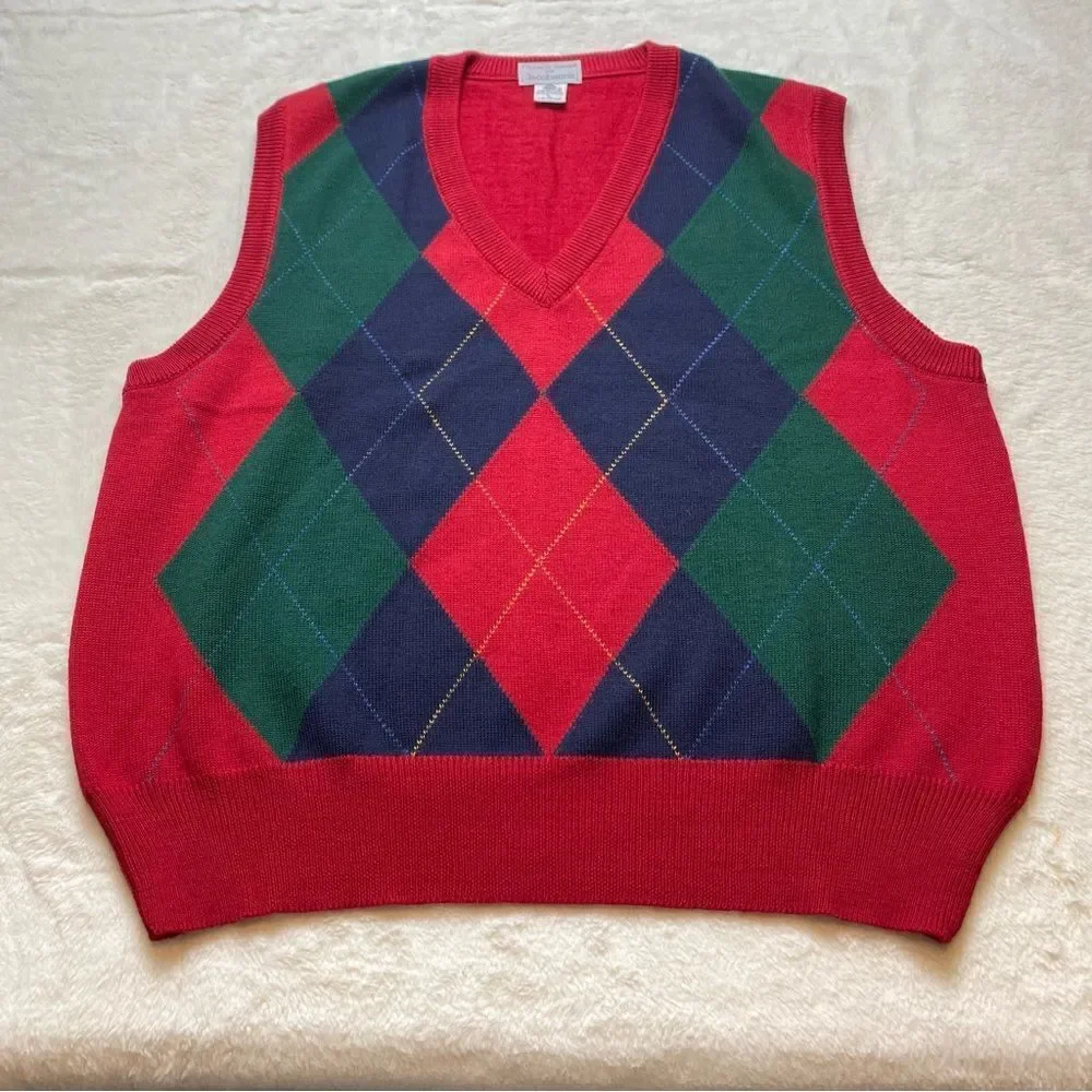 Tricots St Raphael Vintage Knit Argyle V Neck Wool Vest Size Large